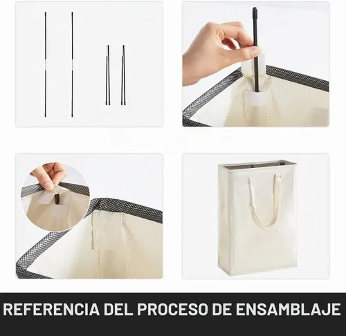 Vista 6 de Cesta de lavandería delgada de 45L con asas largas ajustables y parte superior de malla, color beige