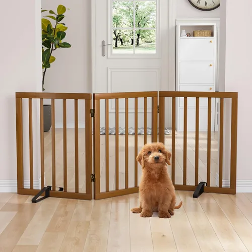 Vista 13 de Semiocthome Puertas de bambú para perros para interiores, puertas independientes de 2 paneles para cachorros para la casa con 2 soportes de metal