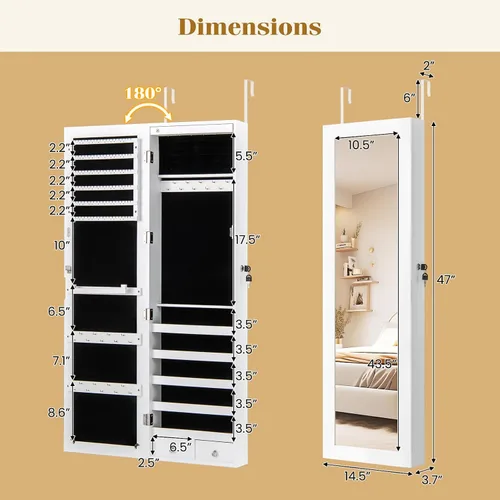Vista 7 de CHARMAID Armario de joyería montado en la pared con espejo de longitud completa de 47 pulgadas, armario de joyería con cerradura con 6 luces LED
