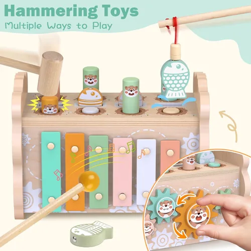 Vista 9 de Juguetes de madera Montessori para niños pequeños de 1 a 3 años, juguete de martillado y golpeo para bebés con xilófono y juego de pesca, pista