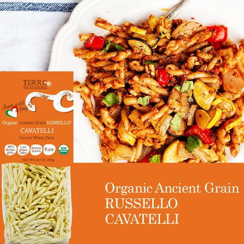 Vista 2 de TERRE E TRADIZIONI Paquete de 6 pastas de trigo italiano orgánico durum, cavatelli – Russelló de grano antiguo siciliano vegano elaborado en Italia.