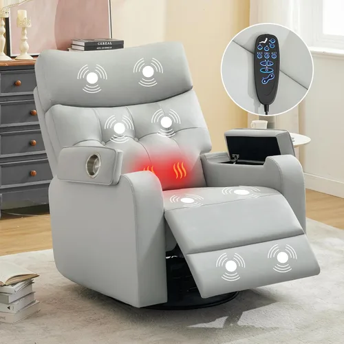Vista 14 de Rocker - Silla reclinable para cuarto de bebé, mecedora giratoria con calor y masaje, para sala de estar, color gris claro Cuero Gris Claro