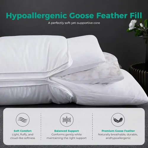 Vista 6 de Three Geese Almohada de plumas de ganso de capa ajustable, almohada de cama ensamblable, funda 100% algodón orgánico suave, buena para dormir boca