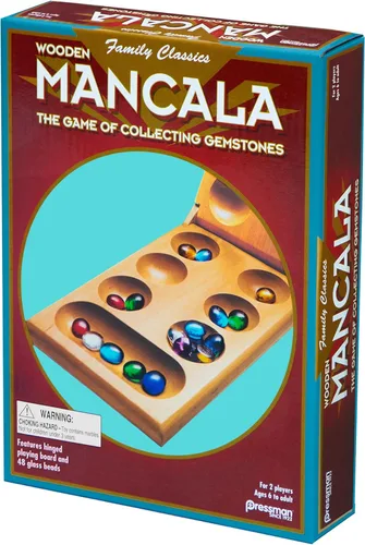 Vista 6 de Pressman Juego de Mesa Mancala Divertido juego clásico para adultos y niños Incluye 48 piedras de Mancala de vidrio y tablero de juego de madera