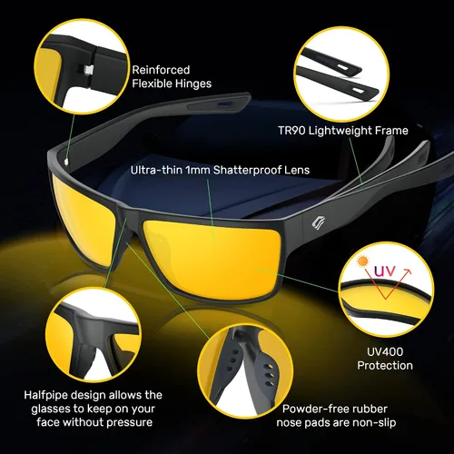 Vista 2 de TOREGE Gafas de sol deportivas polarizadas para hombres y mujeres, para ciclismo, correr, golf, pesca, gafas de sol TR26 Marco negro y lente nocturna