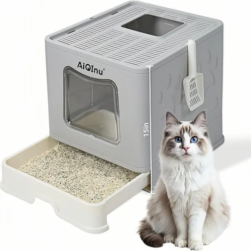 Vista 7 de AiQInu Caja de arena plegable de acero inoxidable para gatos con tapa y cuchara, caja de arena de metal cerrada grande con lados altos, antifugas