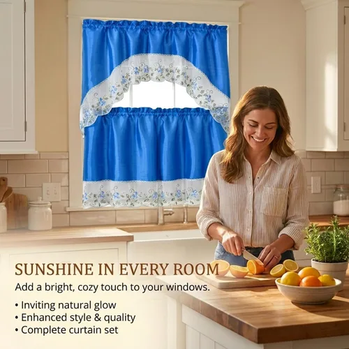 Vista 9 de YHSF Set de cortinas de cocina de 3 piezas con cenefa - Juego de cortinas de ventana de 2 niveles y cenefa con diseño de bolsillo para barra