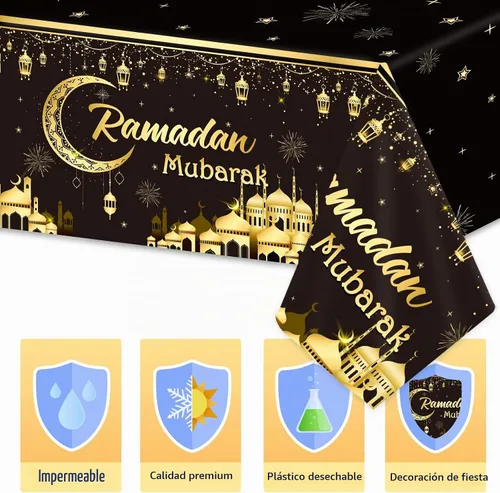 Vista 3 de 1 Manteles Ramadán Mubarak Eid Mubarak Decoraciones de Mesa Ramadán Kareem Suministros de Fiesta Negro y Dorado Cubierta de Mesa Rectangular