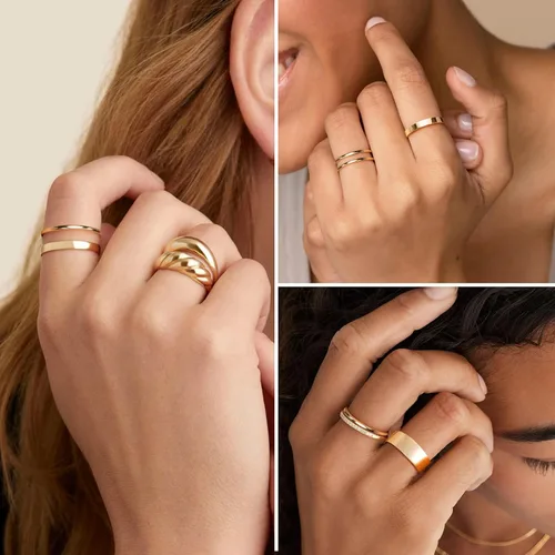 Vista 3 de Gokeey Anillos de oro para mujer, chapados en oro de 14 quilates, juego de anillos apilables delicados para niñas, joyas, regalos, joyas, regalos