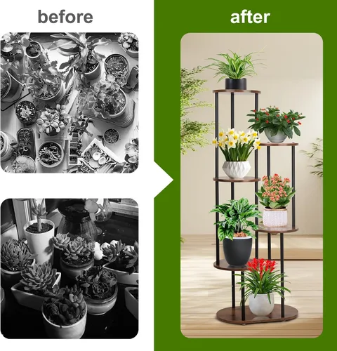 Vista 8 de Soporte para plantas de interior – Soporte para plantas de 6 niveles para 7 macetas, estante para plantas de flores, estante grande de madera