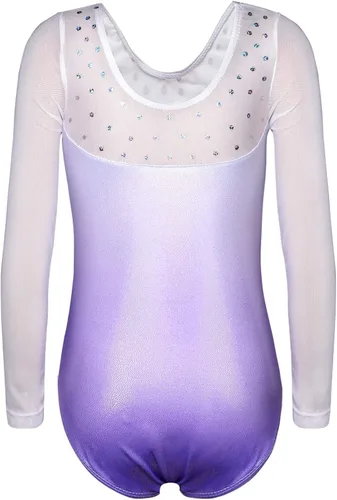 Vista 2 de HOZIY Leotardos de gimnasia para niñas, de manga larga, con cintas coloridas, rayas de leopardo rosa