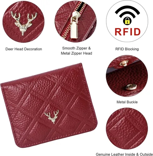 Vista 3 de Billetera para mujer, con bloqueo RFID, pequeña, compacta, plegable, de piel auténtica, con bolsillo, mini carteras para mujeres