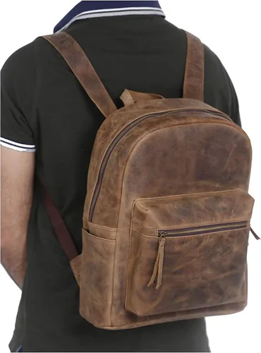 Vista 9 de KomalC Mochila de cuero para laptop para mujeres y hombres, viajes, senderismo, viajes, bolsa de campamento, desgastado bronceado, 15 pulgadas