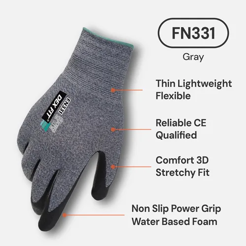 Vista 8 de DEX FIT Guantes de trabajo prémium FN331, agarre fino de nitrilo, gris, S