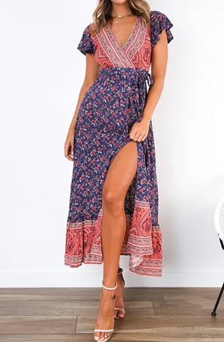 Vista 5 de Vestido R.Vivimos, largo y holgado, con abertura, moño en la cintura, de verano, manga corta, con estampado floral, de playa, bohemio, para mujer