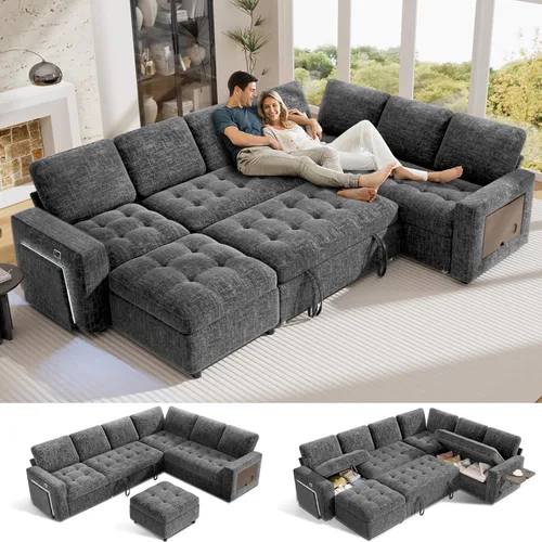 Vista 14 de Vipbear Sofá cama modular en forma de L de 7 asientos con otomana/cama extraíble/respaldo reclinable/puertos USB/mesa/luz LED/asiento de Negro