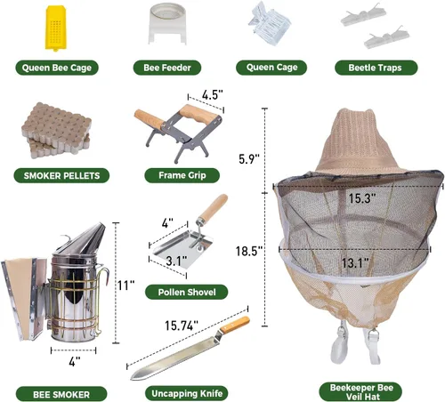 Vista 3 de MayBee Suministros de apicultura, kit de inicio de apicultura, 22 piezas, kit de herramientas de apicultura, kit de ahumador de abejas que incluye