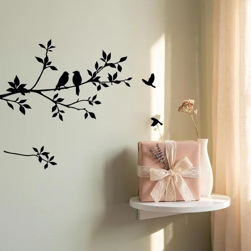 Vista 3 de Vinilo decorativo para pared con dibujo de aves volando y ramas de árboles Negro