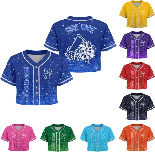 Vista 9 de Camiseta de béisbol de uniforme de animadora personalizada, camiseta de animadora para niñas, mujeres, jóvenes, niños, camiseta con purpurina