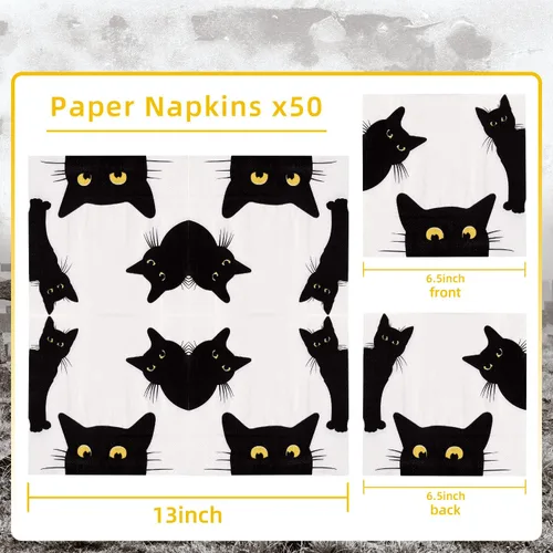 Vista 7 de Quera Paquete de 50 servilletas de papel desechables de gato negro, suministros para fiestas, servilletas de papel de Halloween, servilletas