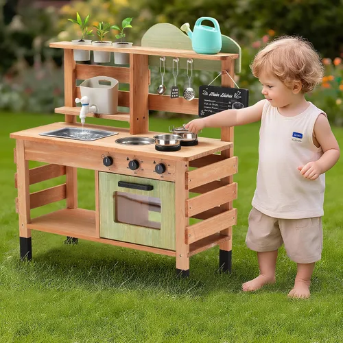 Vista 7 de OLLIKIVI Cocina de juego al aire libre para niños Juego de cocina de barro de madera con fregadero extraíble, área de plantación, horno, estufa