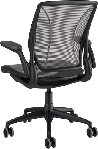 Vista 4 de Humanscale Diffrient World - Silla de escritorio de oficina – Brazos Duron ajustables – Marco negro a rayas negras respaldo y malla de asiento