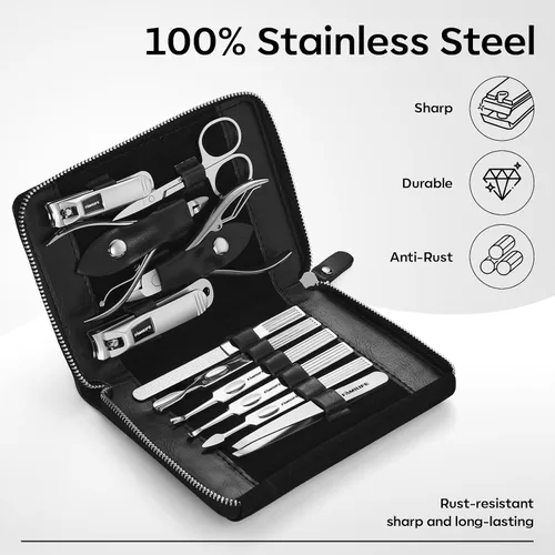 Vista 2 de FAMILIFE - Kit de manicura profesional para uñas, 11 en 1, de acero inoxidable, con estuche de viaje portátil de cuero negro, regalos de lujo para él