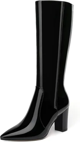 Vista 78 de AMBELIGHT Botas altas hasta la rodilla con cremallera y puntera puntiaguda para mujer, de patente sólida, tacón alto, 3.3 pulgadas