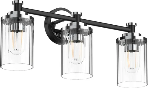 Vista 13 de Luminarias de Baño Negras y Cromadas con Pantalla de Vidrio Transparente de Rayas Cilíndricas Base de Casquillo E26 Luminarias de Baño Sobre Espejo