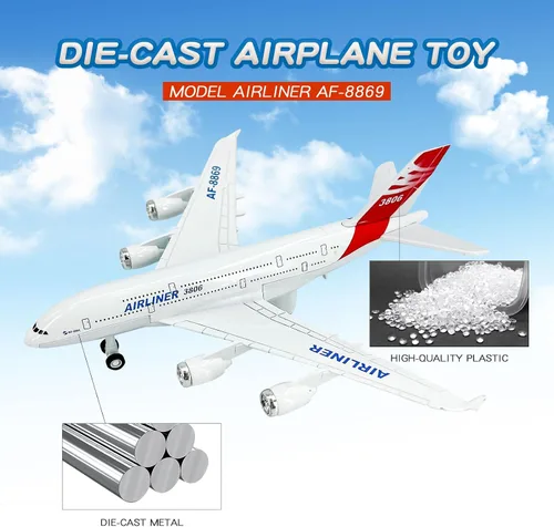 Vista 5 de OTONOPI Avión de juguete de avión de juguete de metal fundido a presión para tirar hacia atrás, aerolíneas de juguete con luces y sonidos para niños