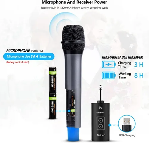 Vista 5 de Micrófono inalámbrico, micrófono de karaoke de mano dinámico de metal UHF, receptor recargable (funciona 6 horas), rango de 160 pies, para karaoke