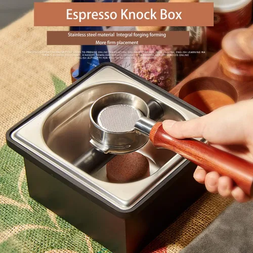 Vista 3 de Caja de acero inoxidable para café molido con base antideslizante extraíble, absorbente de golpes para molienda de filtro de portafiltros (S)