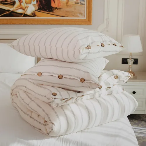 Vista 7 de Lavien Home, Juego de funda de edredón de algodón 100 % natural, tamaño individual, ropa de cama tipo lino a rayas de 2 piezas, prelavada para mayor