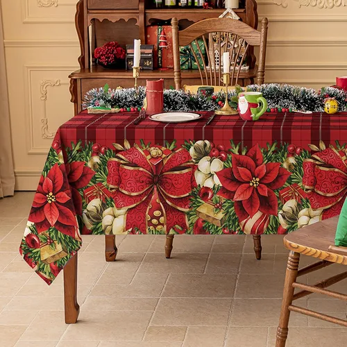 Vista 8 de Softalker Mantel rectangular navideño - Rojo tartán a cuadros impreso con campanas de Navidad y caramelos, manteles de poliéster lavables de tela