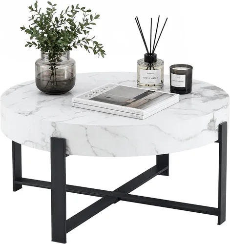 Vista 13 de LKTART Mesa de centro para sala de estar, mesas de centro redondas de madera con almacenamiento, mesa de té moderna de centro de metal para Marrón