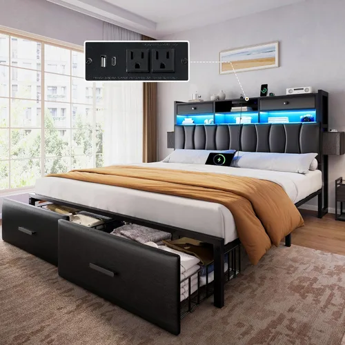 Vista 9 de YITAHOME Cama tapizada de terciopelo blanco tamaño King con carga