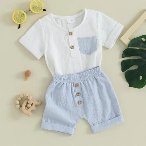 Vista 87 de Conjunto de ropa casual de manga corta con botones y pantalones cortos de lino para bebés y niños pequeños