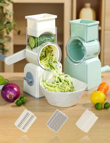 Vista 2 de Rallador giratorio de queso con manivela, trituradora multiusos con 3 cuchillas intercambiables de acero inoxidable para triturar, rebanar y rallar