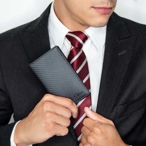 Vista 7 de Tressario - Cartera minimalista delgada para hombre con clip para dinero, bloqueo RFID, bolsillo en el pecho, caja de regalo de piel, Fibra