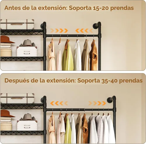 Vista 4 de ONBRILL H3 - Sistema de armario expandible para montaje en pared, organizador de armario de 5.4 pies a 8.1 pies con 4 varillas telescópicas y 6 Negro