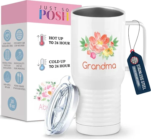 Vista 17 de Just So Posh Abuela Flowers Tumbler, Vaso de Café de Viaje con Asa y Tapa Deslizante, Blanco 20 oz Polar Camel, Acero Inoxidable, Aislado al Vacío