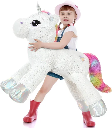 Vista 19 de Tezituor Juguetes de unicornio de peluche de 32 pulgadas, animales de unicornio gigante beige de peluche, encantadoras decoraciones de peluche
