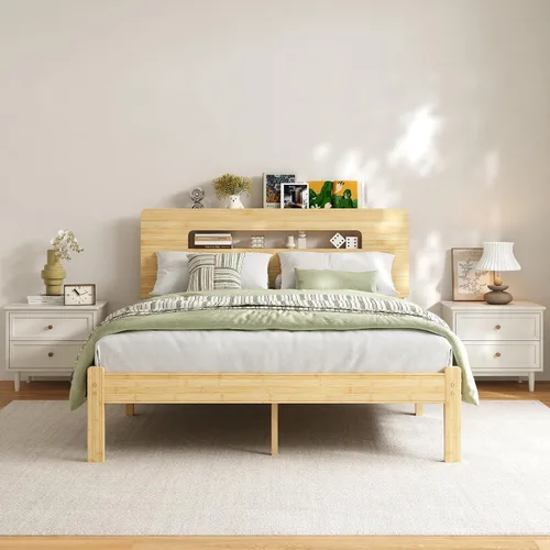 Vista 11 de ZIYOO Marco de cama de madera de bambú maciza tamaño individual con cabecera de almacenamiento, marco de cama plataforma de 14 pulgadas
