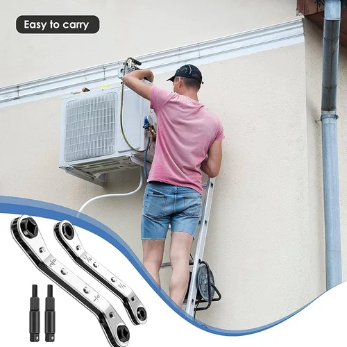 Vista 3 de AMAKO Llave de servicio HVAC, herramienta de acero inoxidable con trinquete para refrigeración, alta dureza con extremos de 3/8 a 1/4 pulgadas