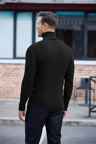 Vista 4 de COOFANDY Suéter de cuello alto ajustado para hombre, suéter de punto acanalado de cuello alto