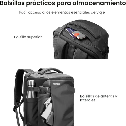 Vista 6 de Mochila de viaje tomtoc, equipaje de mano aprobado para vuelos y compatible con TSA, Negro, 40 L