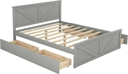 Vista 9 de Anwick Cama de plataforma de madera con 4 cajones de almacenamiento, base de cama de plataforma de madera maciza con cabecera y patas de apoyo
