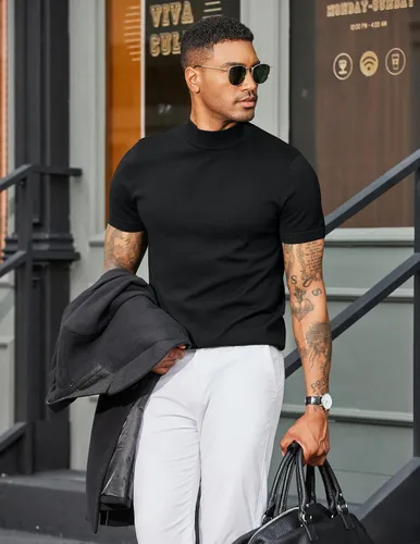 Vista 2 de COOFANDY Mens Mock Turtleneck Sweater Short Sleeve Casual Dress Sweater Shirt Slim Fit Pullover Basic Knit Tee