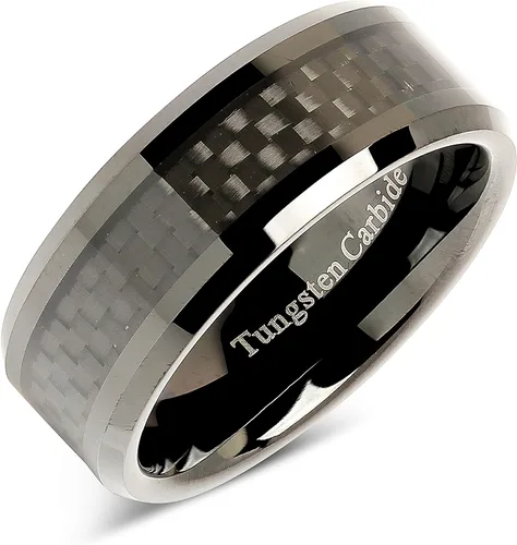 Vista 2 de 100S JEWELRY Anillo de carburo de tungsteno de 0.315in con incrustaciones de fibra de carbono, chapado en negro, talla 6-16, Tungsteno