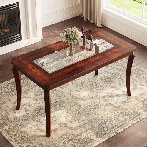 Vista 9 de PADMA HOUSE Mesa de comedor tradicional de madera maciza para 6, 59 pulgadas de largo, mesa rectangular de madera con patas curvas, escritorio